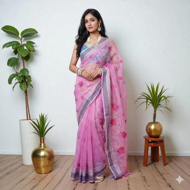 Pink Embroidery Kota Cotton Saree