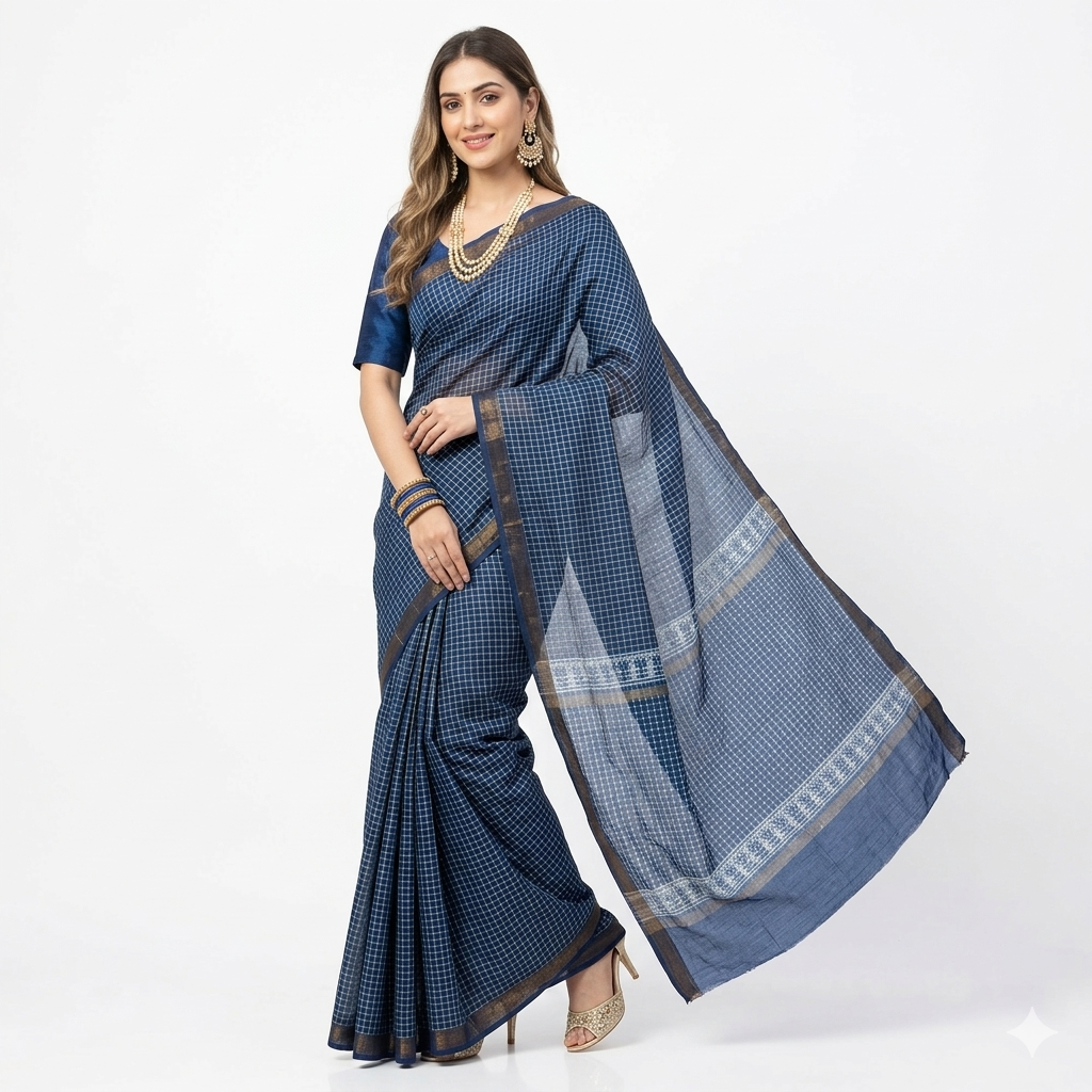 Blue Handblock Maheswari Silk Saree