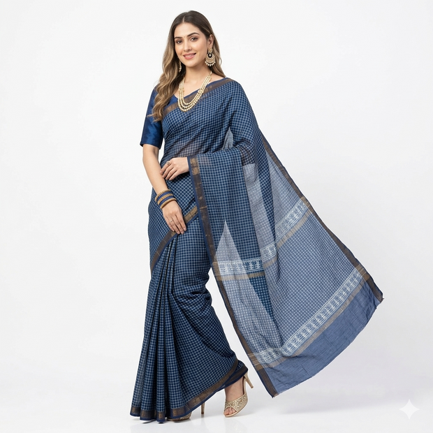 Blue Handblock Maheswari Silk Saree