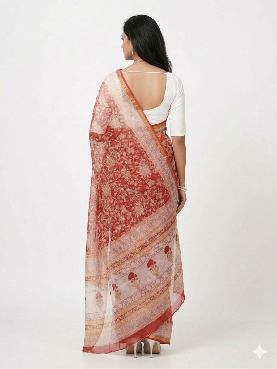 Red Yellow Handblock Kota Cotton Saree