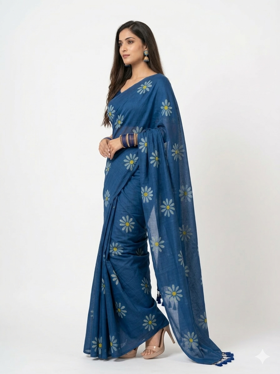 Blue White Floral Handprinted Cotton Saree