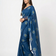 Blue White Floral Handprinted Cotton Saree