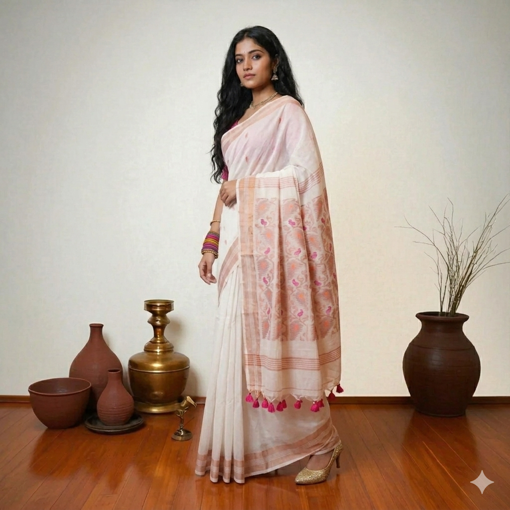 White Pink Zig Zag Cotton Saree