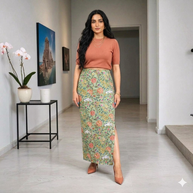 Olive Green Floral Hand Block Print Long Skirt