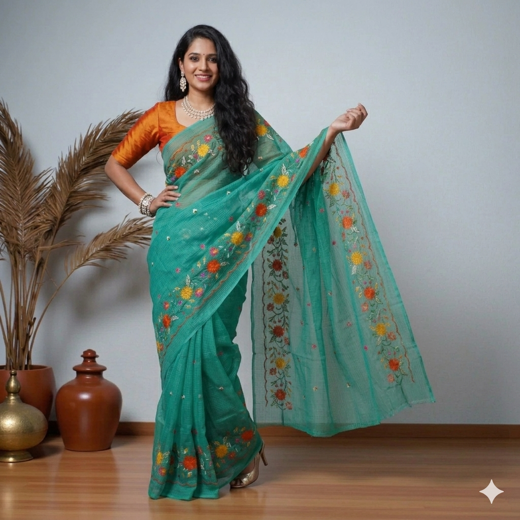 Green Pink Embroidery Kota Cotton Saree