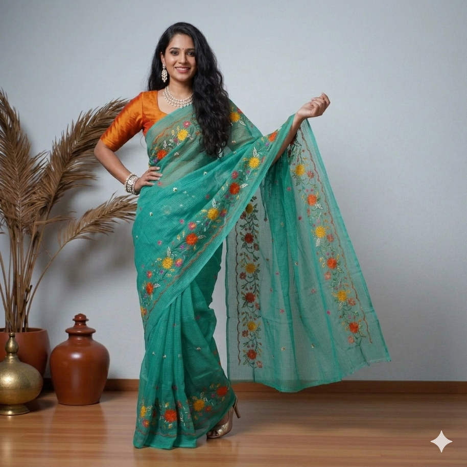 Green Pink Embroidery Kota Cotton Saree