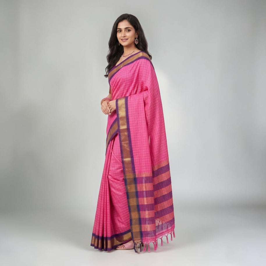 Pink Check Silk Saree