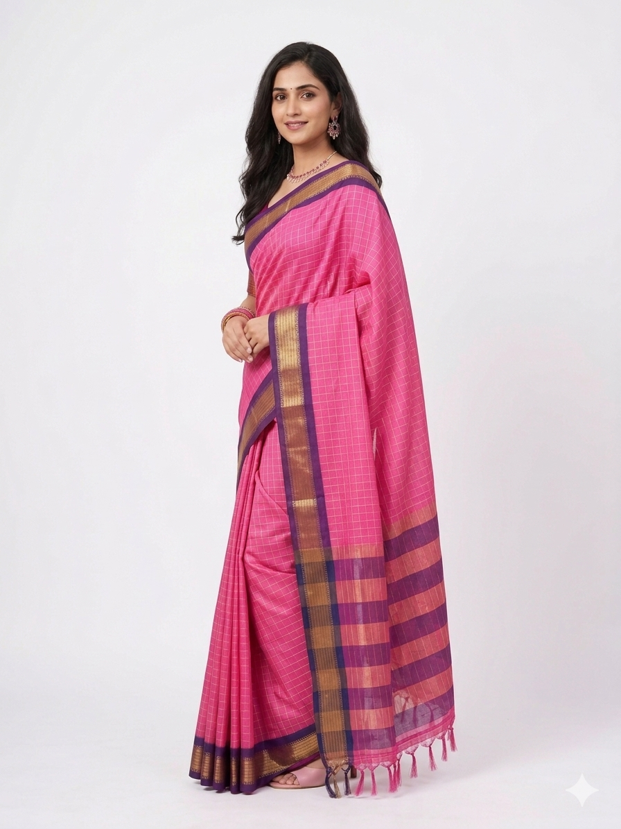 Pink Check Silk Saree