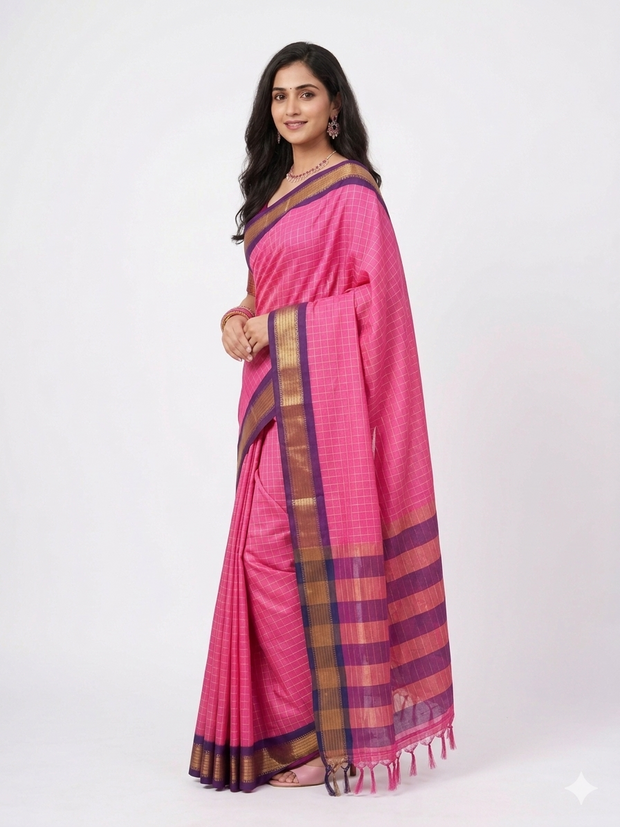 Pink Check Silk Saree