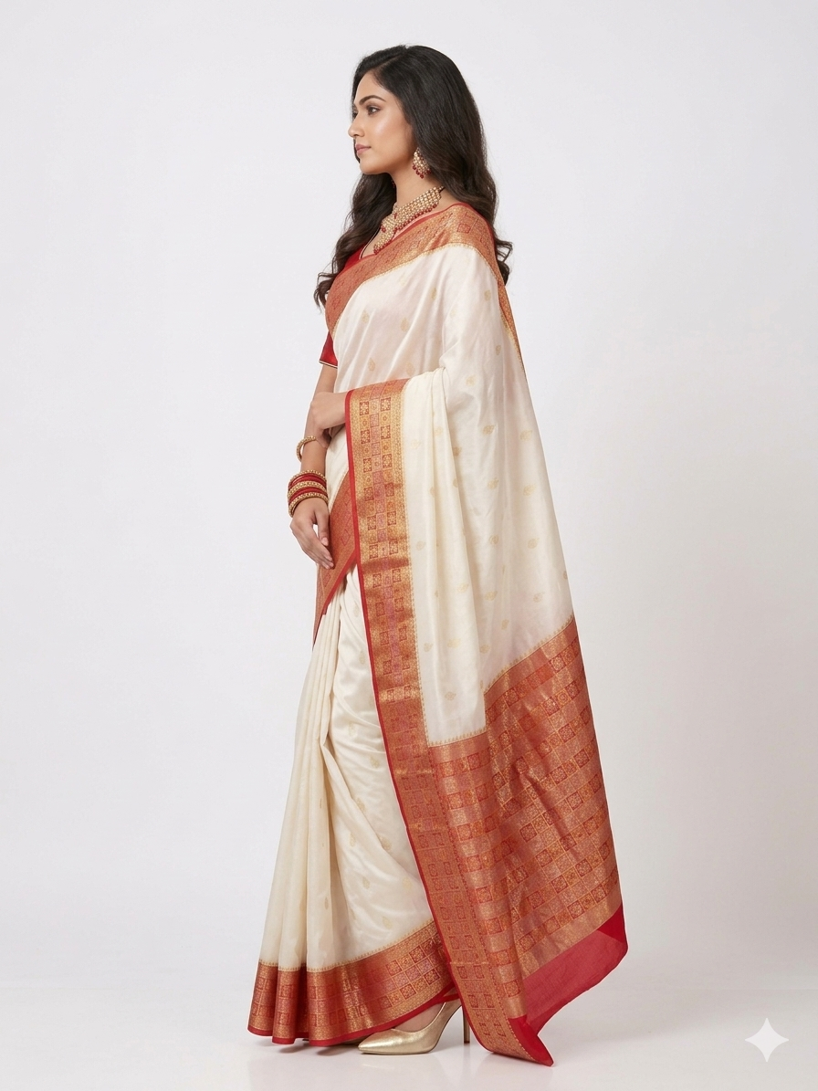 Cream Red Zari Work Silk Saree