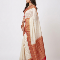 Cream Red Zari Work Silk Saree