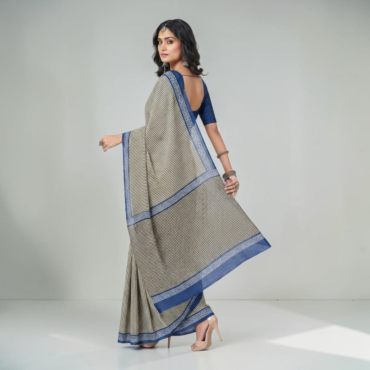 Offwhite Black Stripe Handblock Cotton Saree