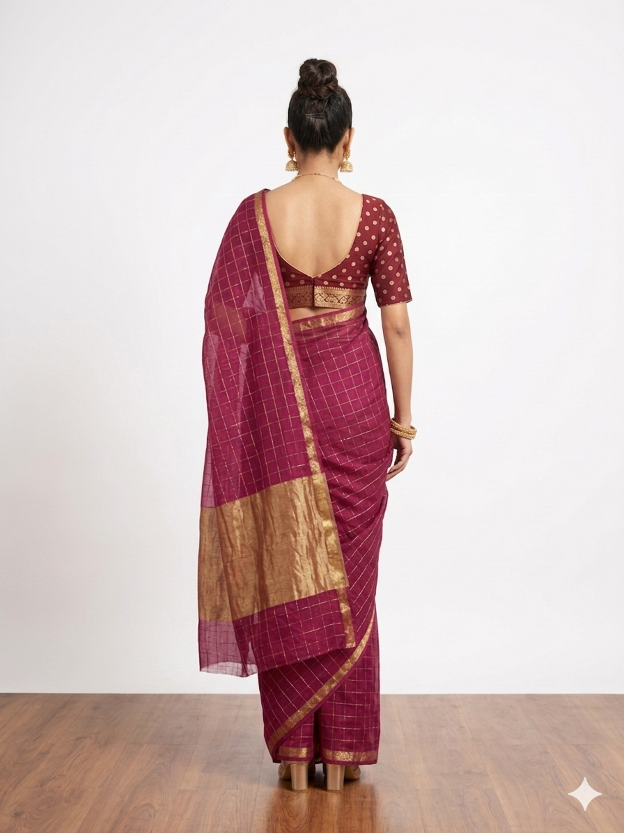 Purple Check Georgette Saree