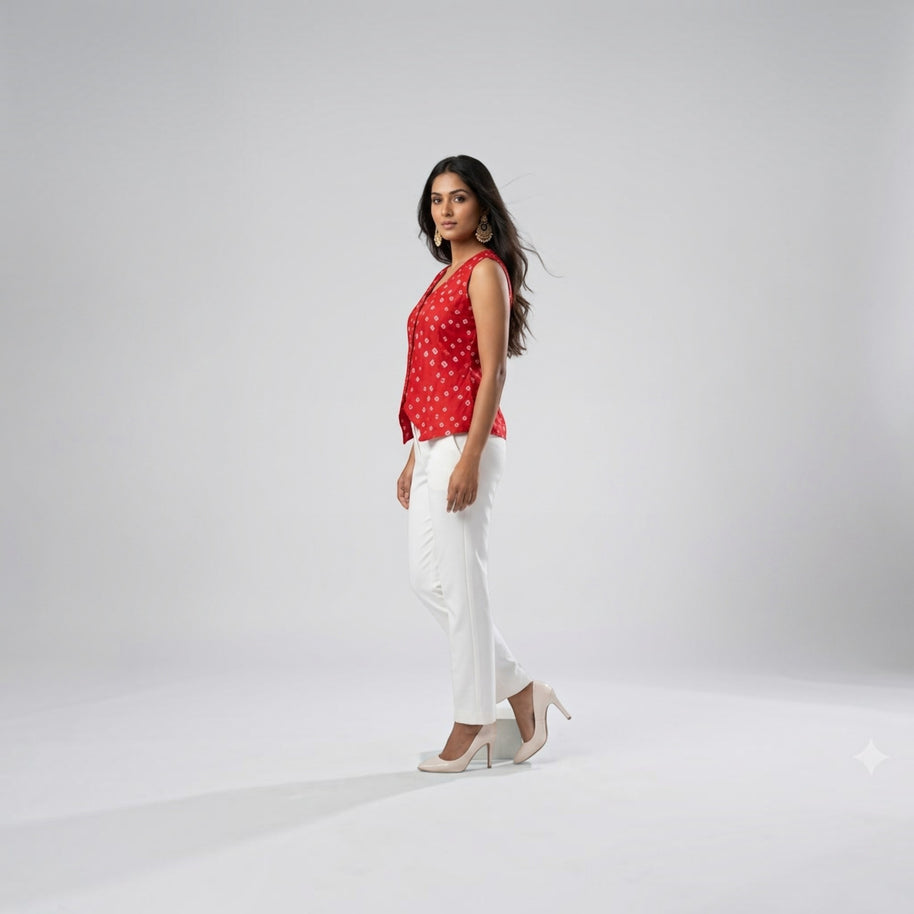 Red Silk Bandhej Waistcoat