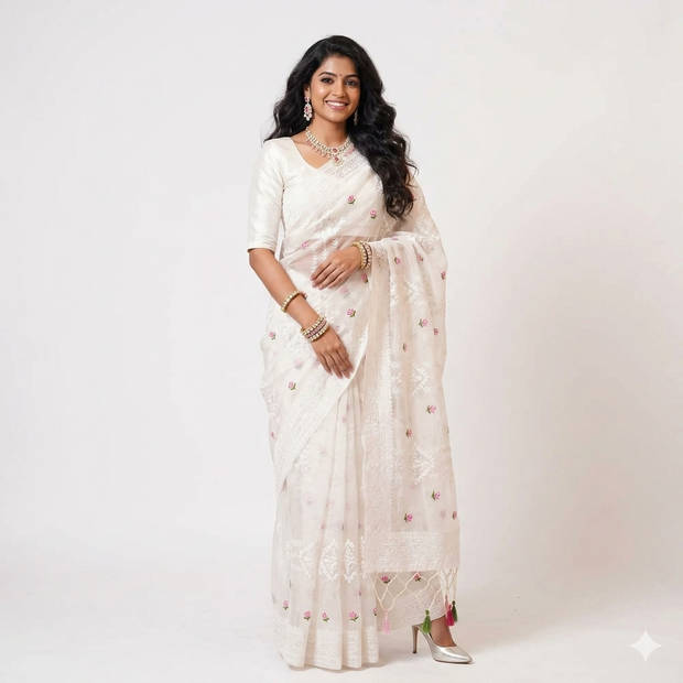White Chikankari Organza Saree
