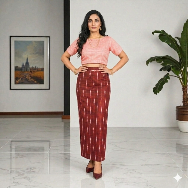 Maroon White Handwoven Ikat Cotton Long Skirt
