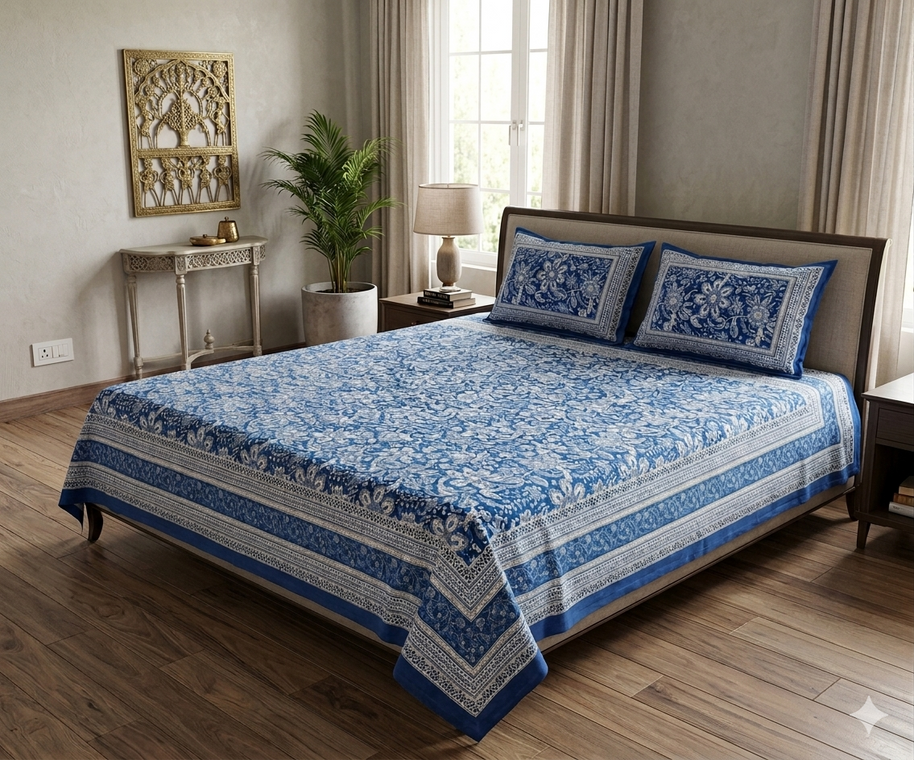 Navy Blue White Handblock Print Double Bedsheet