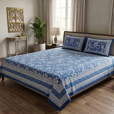 Navy Blue White Handblock Print Double Bedsheet