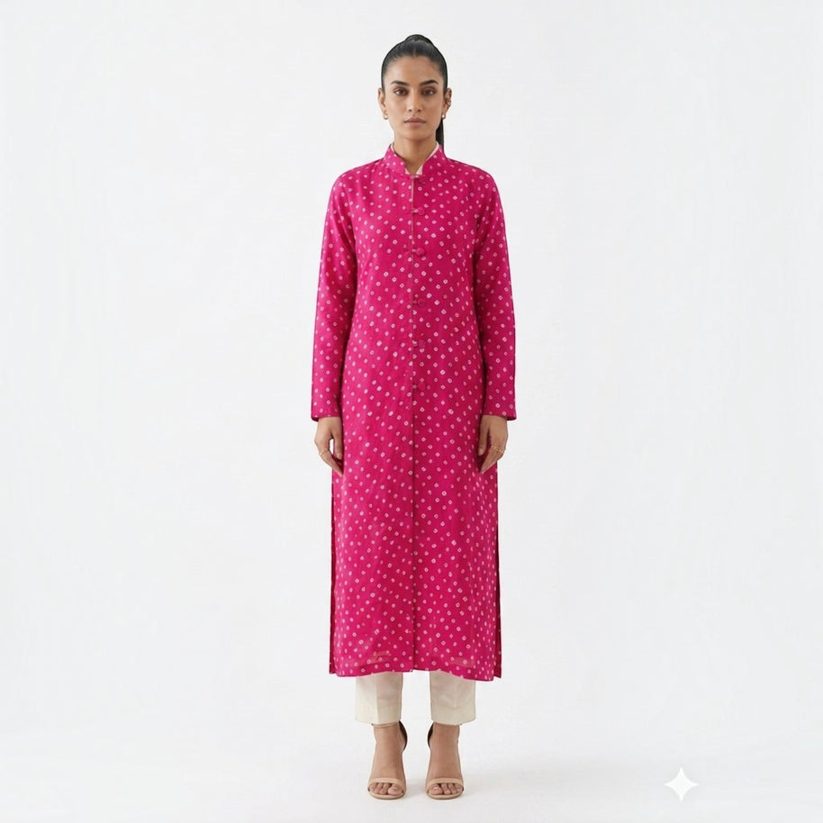 Pink Modal Silk Bandhej Long Blazer