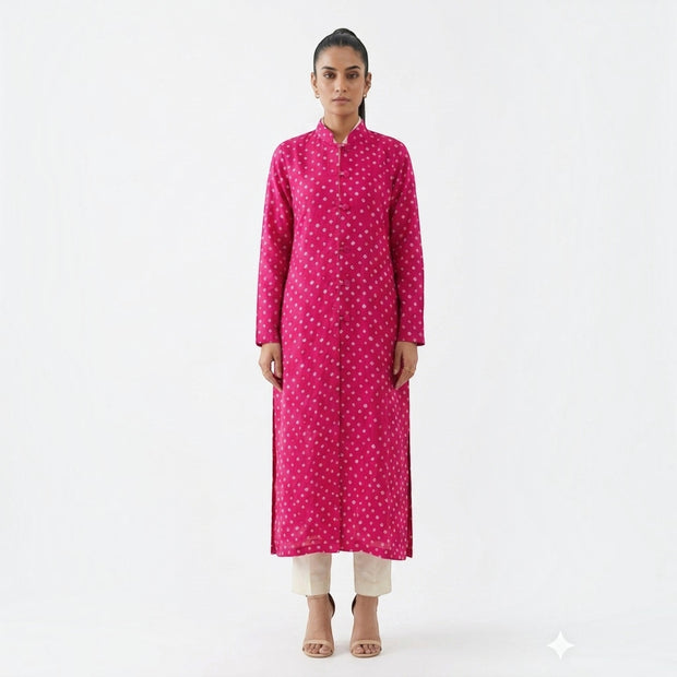 Pink Modal Silk Bandhej Long Blazer