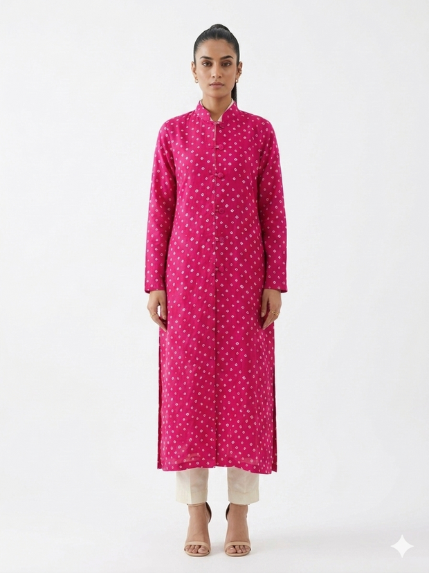 Pink Modal Silk Bandhej Long Blazer