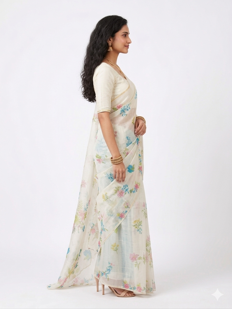 White Multi Floral Kota Cotton Saree