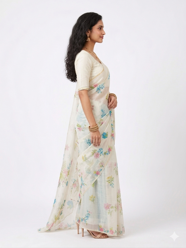 White Multi Floral Kota Cotton Saree