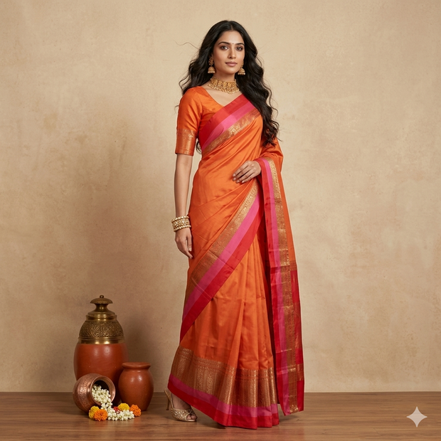Orange Maroon Plain Silk Saree