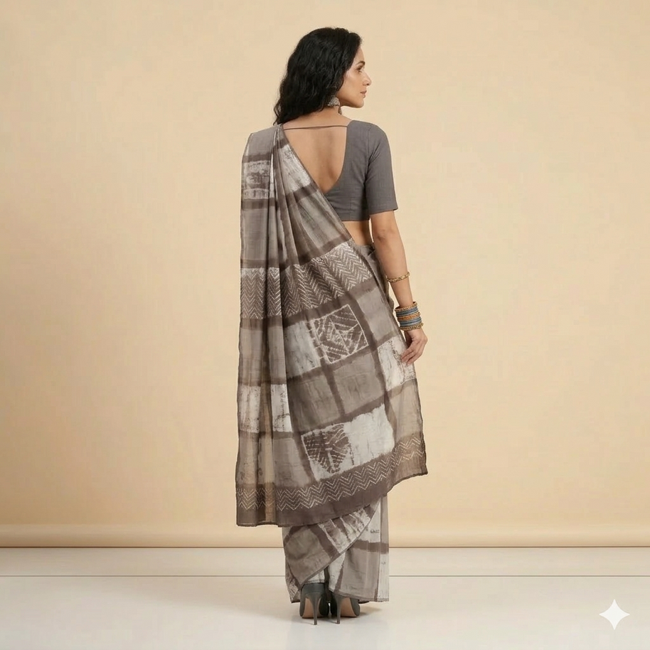 Grey White Check Handblock Cotton Saree