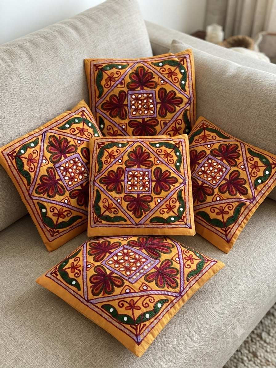 Orange Gujarati folk embroidery Cotton Cushion