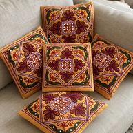 Orange Gujarati folk embroidery Cotton Cushion
