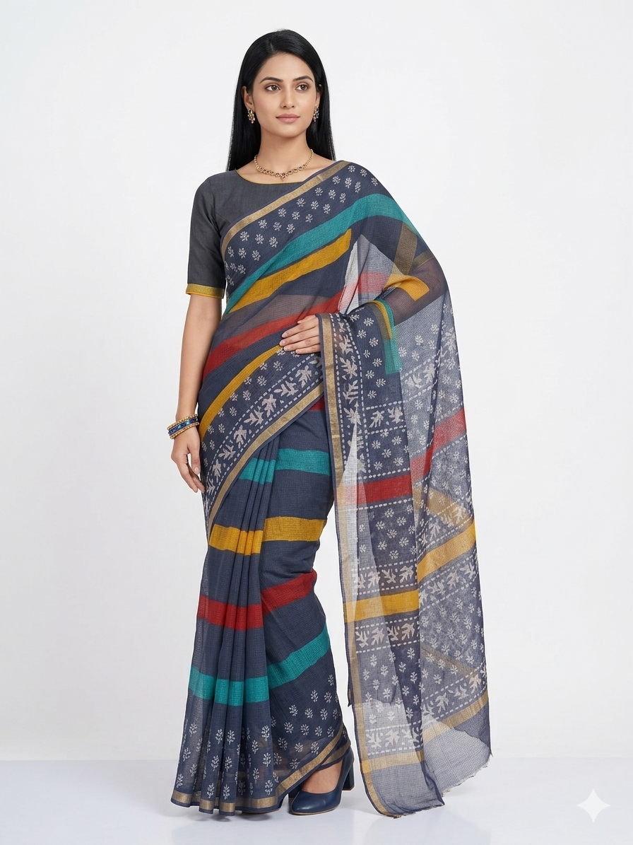Blue Multi Stripe Kota Cotton Saree