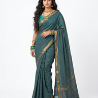 Dark Grey Handblock Maheswari Silk Saree