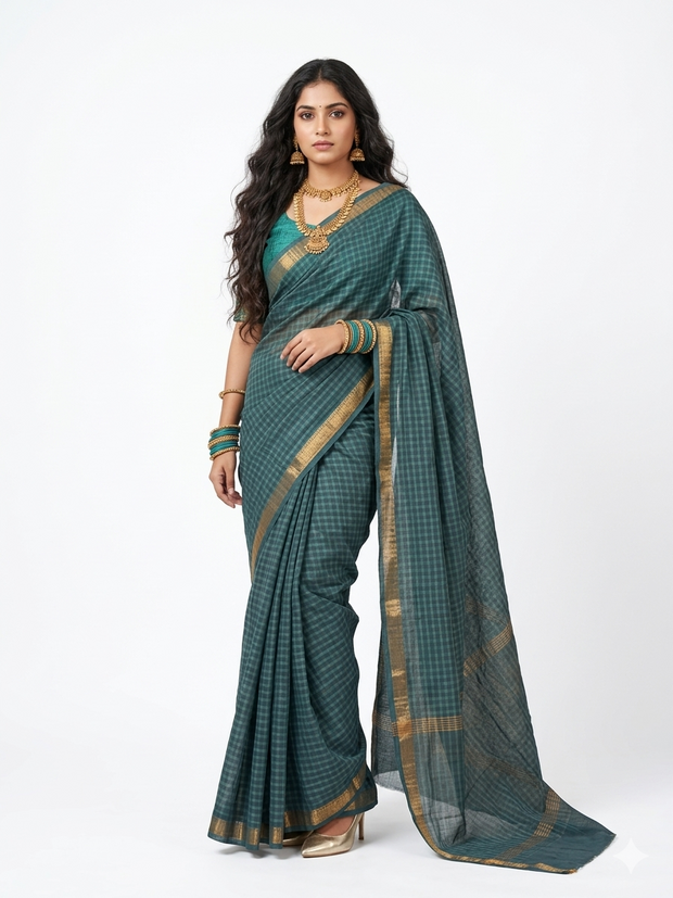 Dark Grey Handblock Maheswari Silk Saree