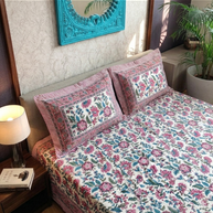 White Pink Green Handblock Print Double Bedsheet