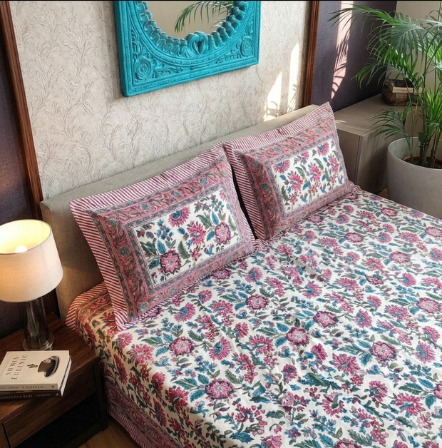 White Pink Green Handblock Print Double Bedsheet