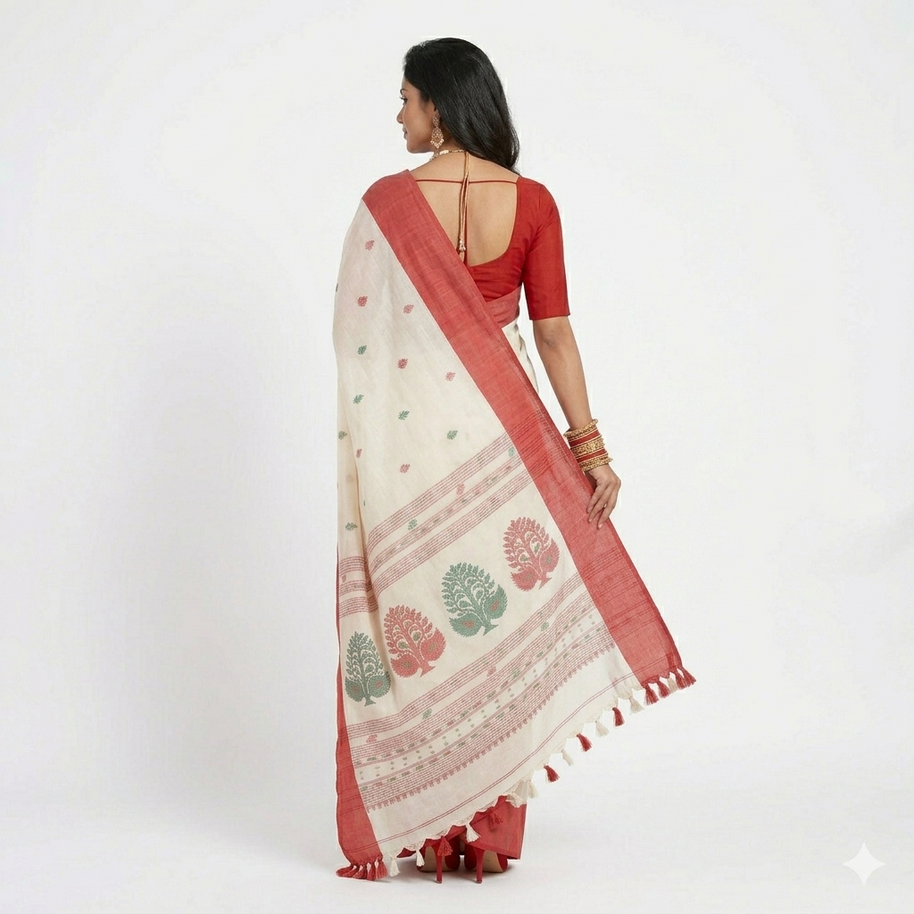 Offwhite Red Floral Cotton Saree