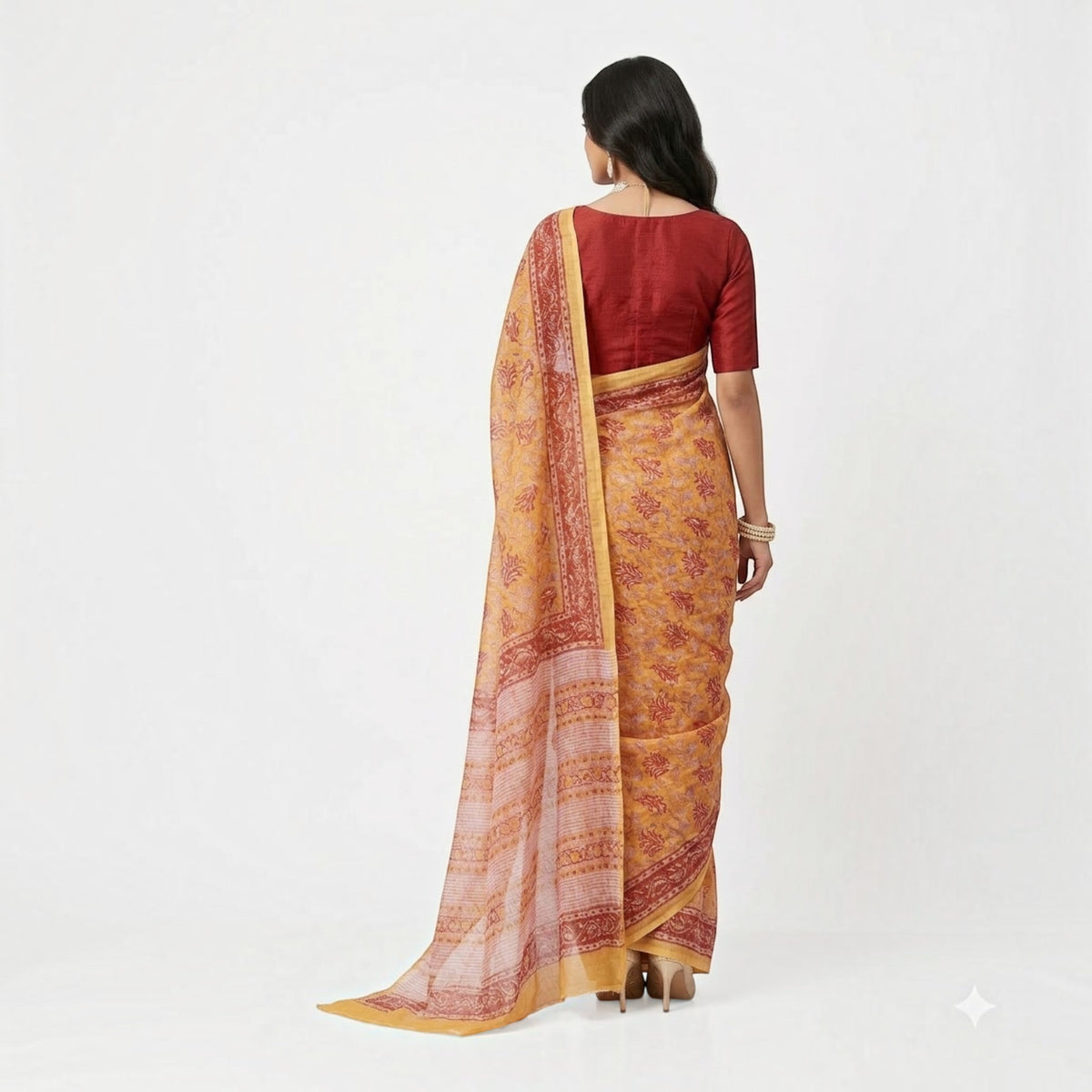 Yellow Red Handblock Kota Cotton Saree