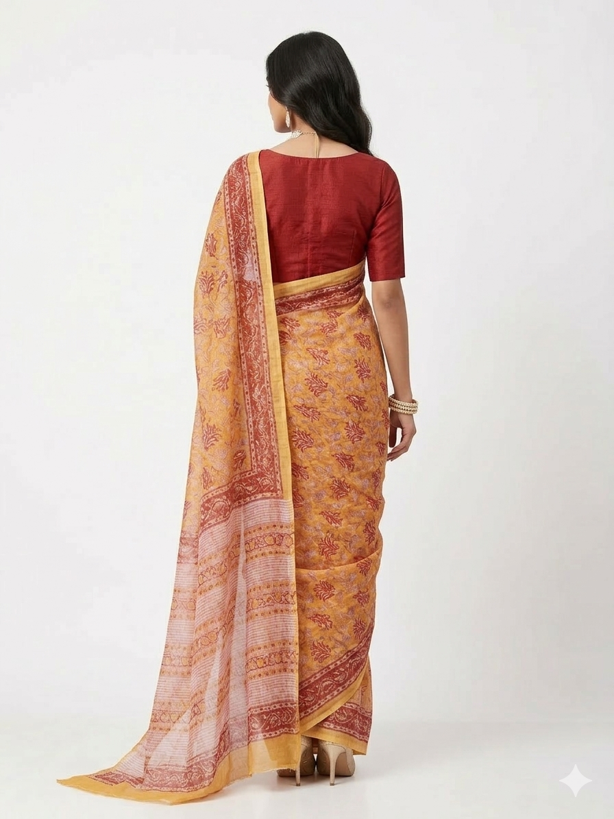 Yellow Red Handblock Kota Cotton Saree