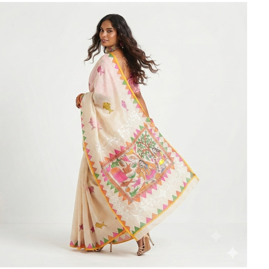 Cream Handpainted Cotton Saree