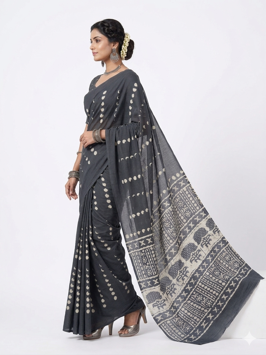 Dark Blue Handblock Cotton Saree