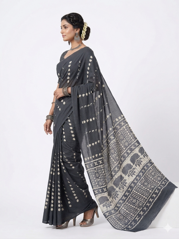 Dark Blue Handblock Cotton Saree