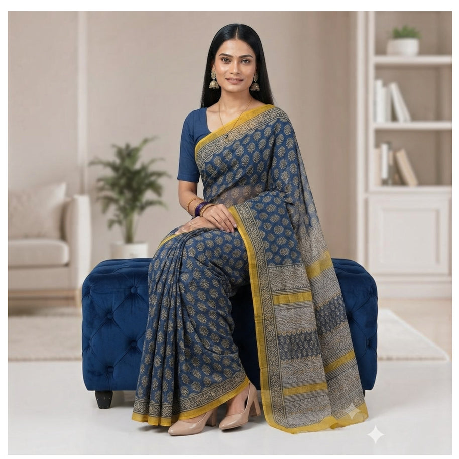 Dark Blue Lotus Handblock Kota Cotton Saree