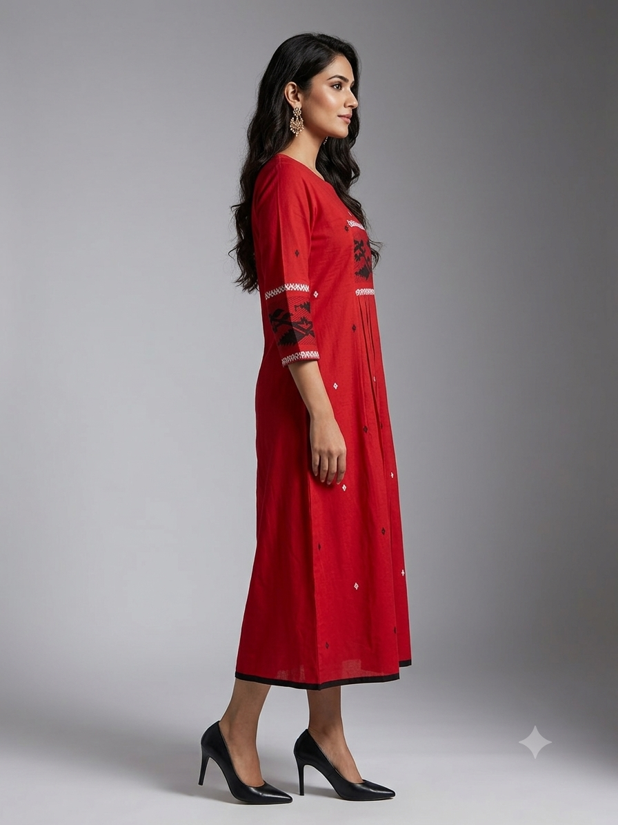 Red Black Jamdani Cotton Dress