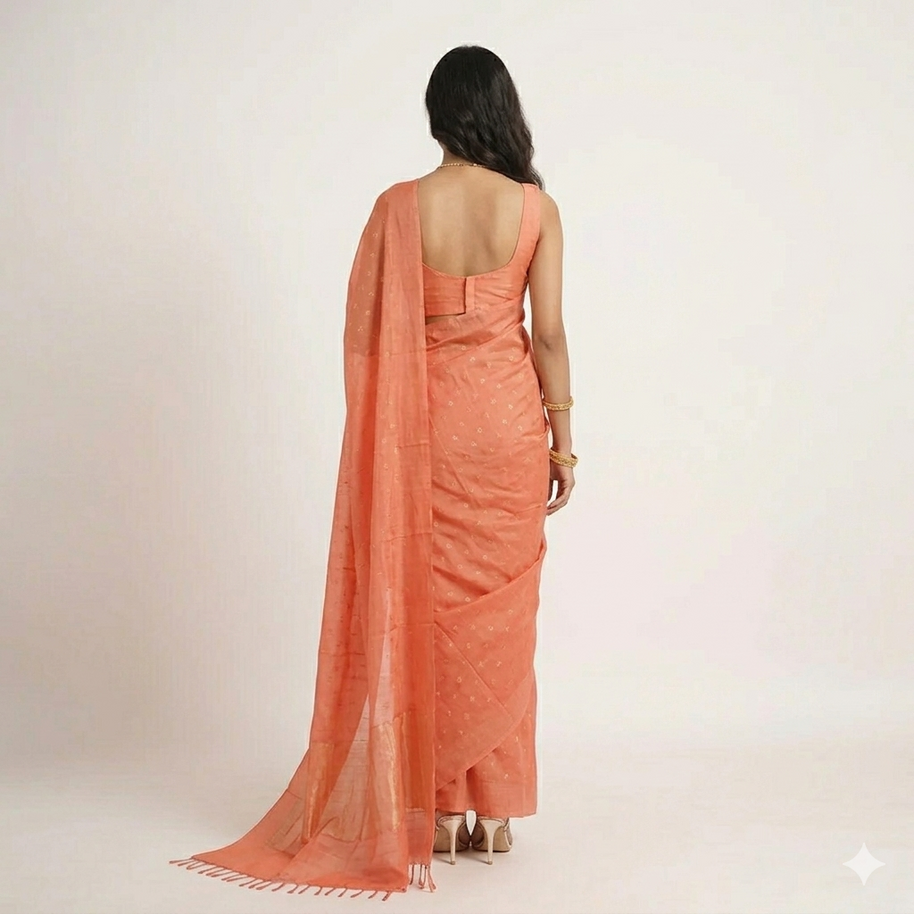 Dark Peach Golden Floral Silk Saree
