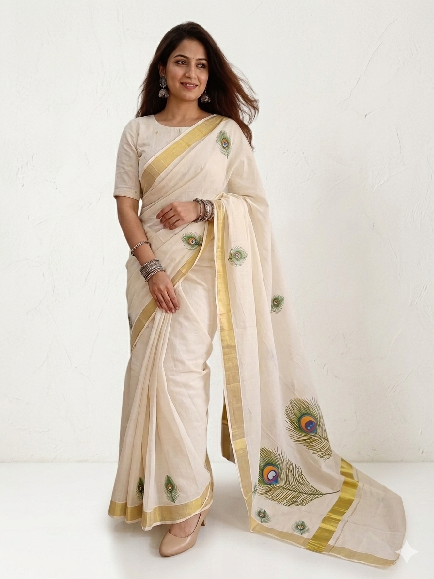 PankhValli Kasavu Handpainted Cotton Saree