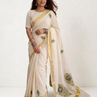 PankhValli Kasavu Handpainted Cotton Saree