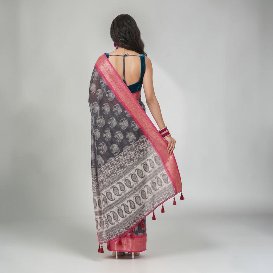 Black Soft Litchi Silk Saree