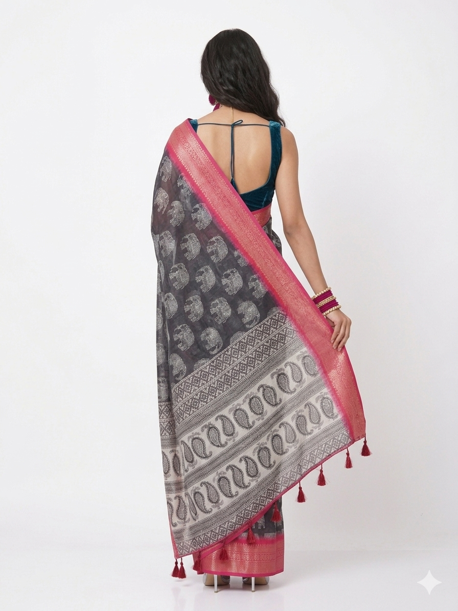 Black Soft Litchi Silk Saree