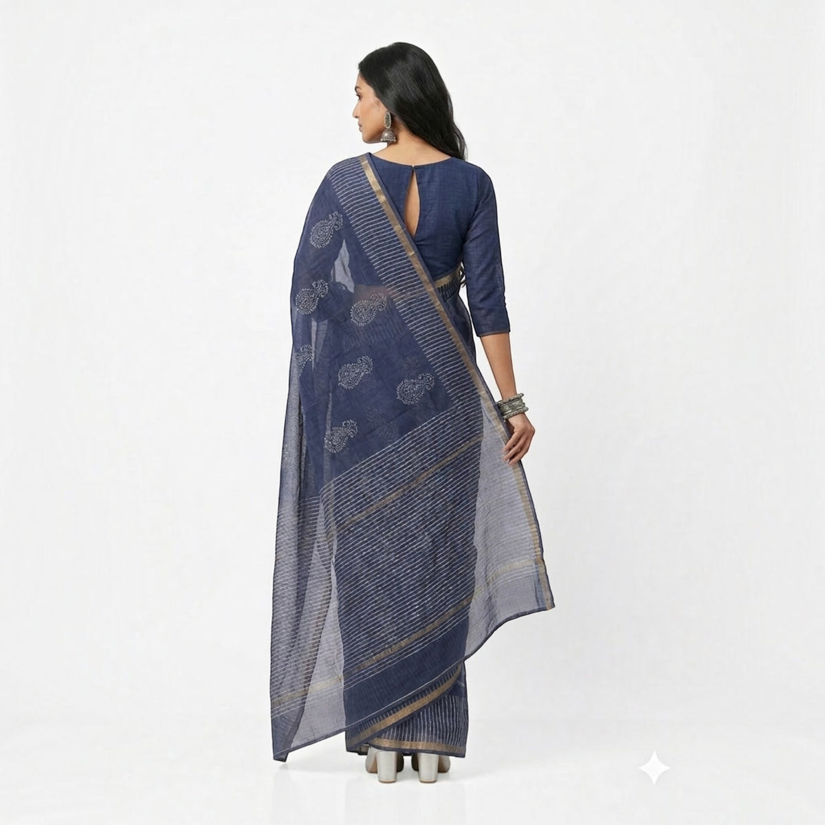 Blue Stripe Handblock Kota Cotton Saree